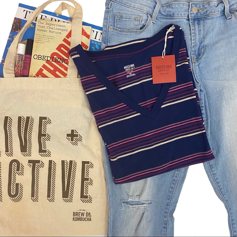 Mossimo Blue Multi Stripe V-neck tee.
